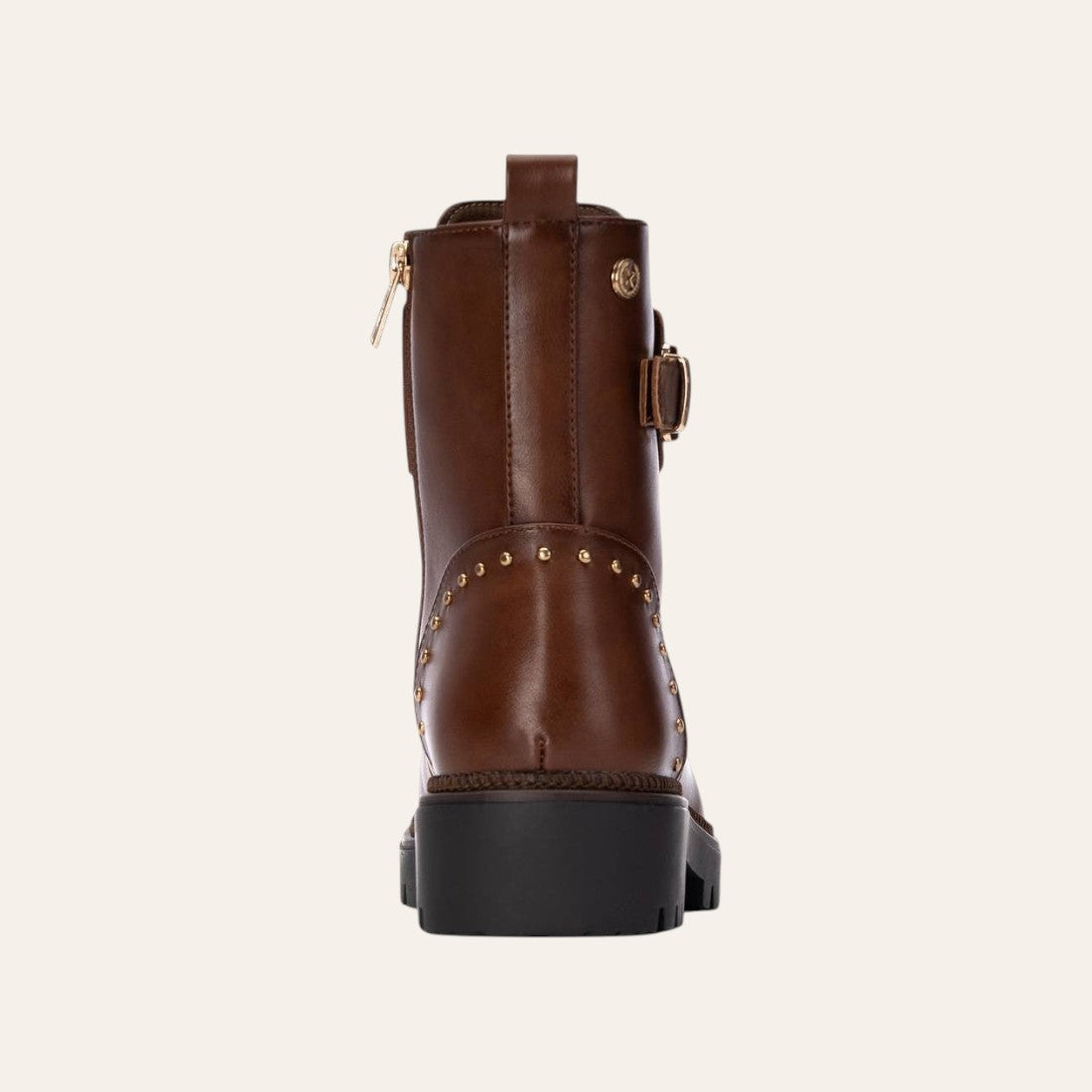So and Ro - shoes and more - Barcabiker brown faux leather biker boot with gold studs and buckle, back view