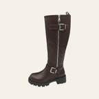 So and Ro - shoes and more - Tirza brown faux leather high biker boot with metal buckles and chunky lug sole