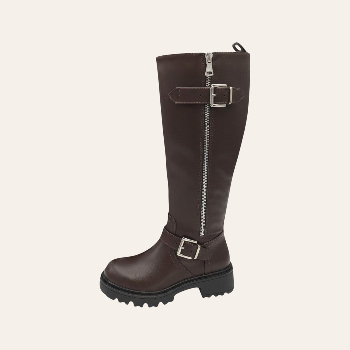So and Ro - shoes and more - Tirza brown faux leather high biker boot with metal buckles and chunky lug sole