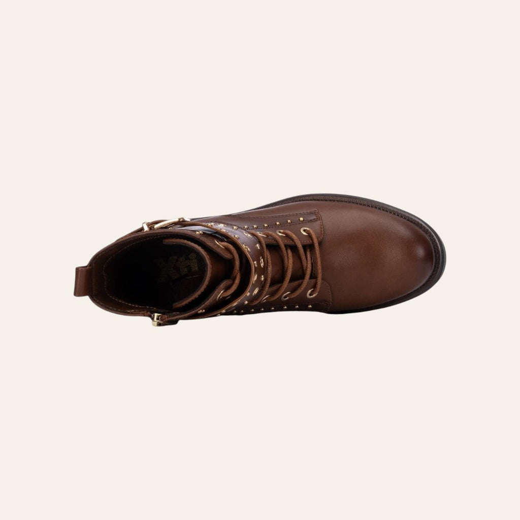 So and Ro - shoes and more - Barcabiker brown faux leather biker boot with gold studs and lace-up detail, top view