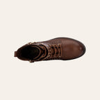 So and Ro - shoes and more - Barcabiker brown faux leather biker boot with gold studs and lace-up detail, top view