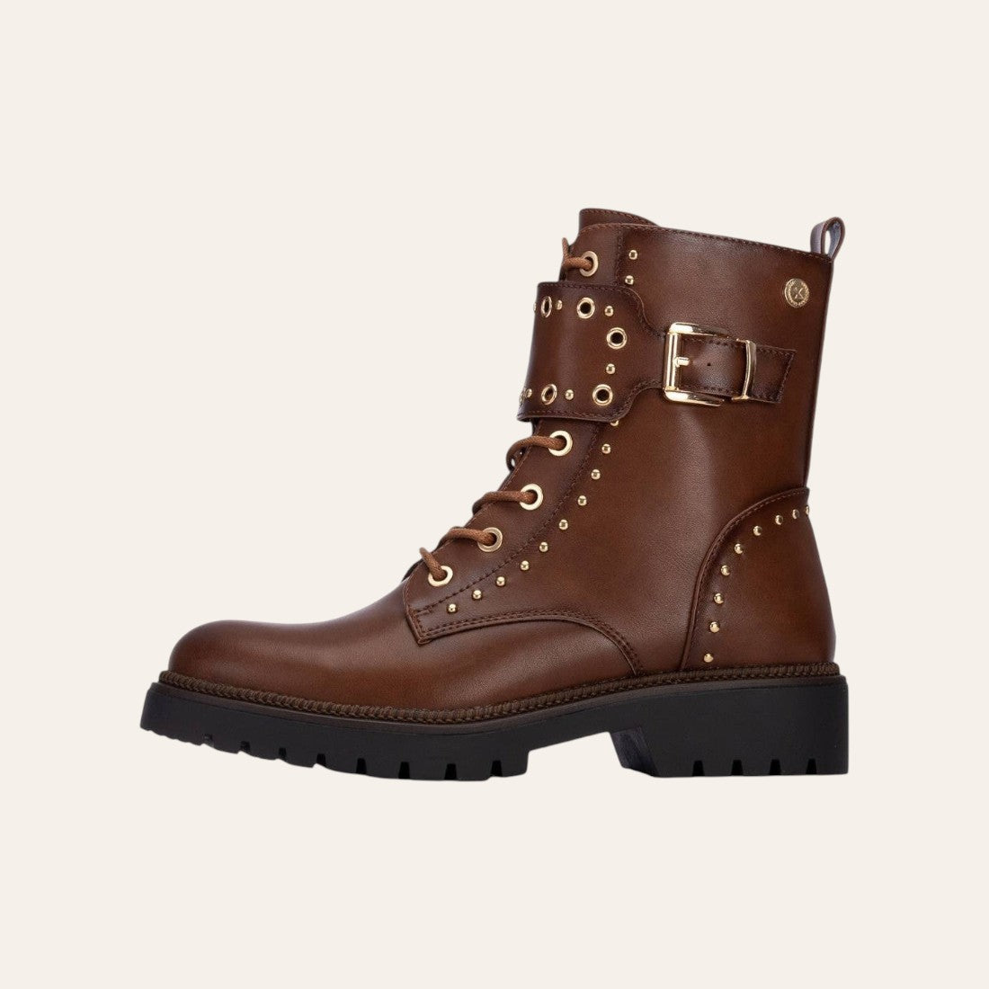 So and Ro - shoes and more - Barcabiker brown faux leather biker boot with gold studs, buckle strap, and lug sole.