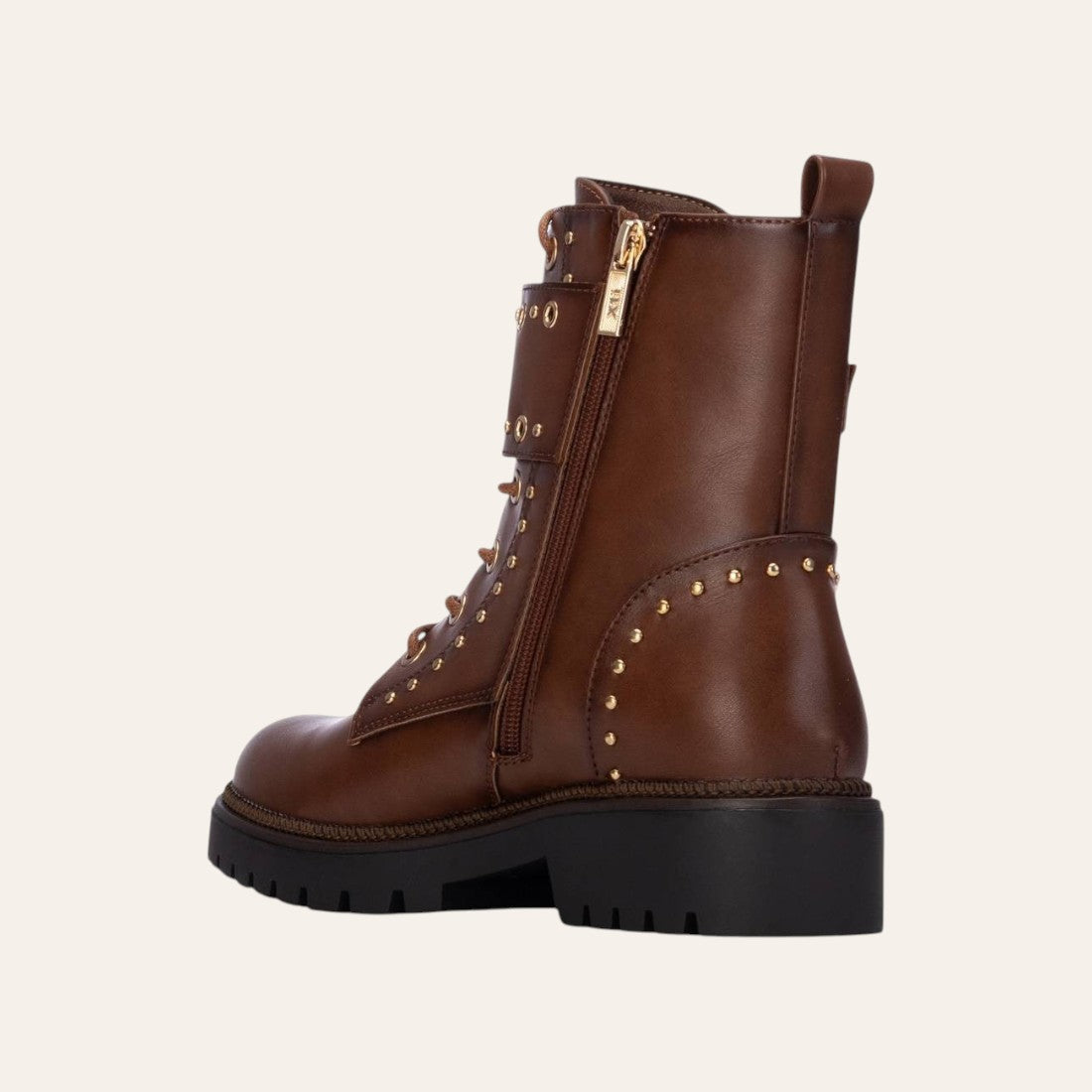 So and Ro - shoes and more - Barcabiker brown faux leather biker boot with gold studs and side zipper