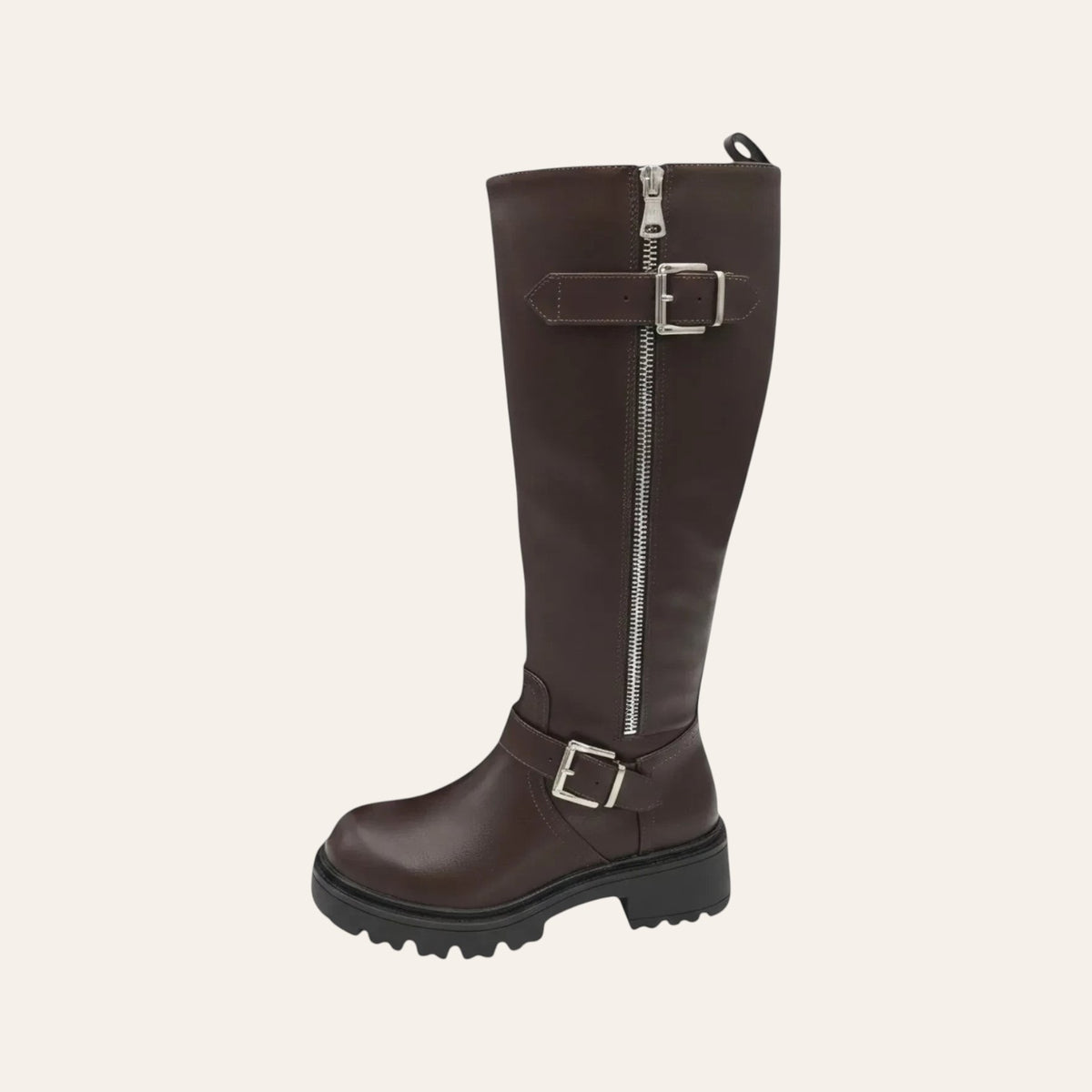 So and Ro - shoes and more - Tirza brown faux leather high biker boots with metal buckles and chunky lug sole