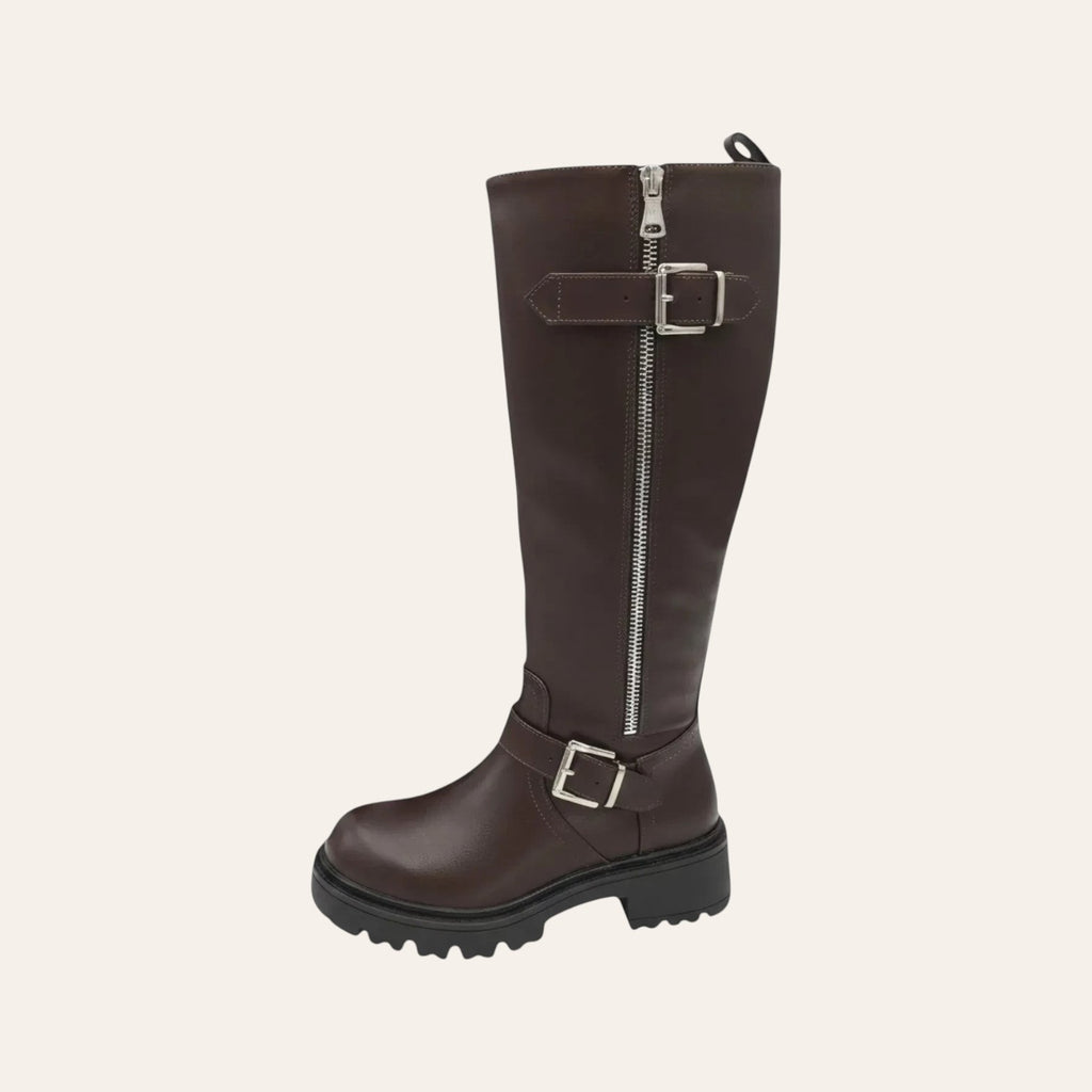 So and Ro - shoes and more - Tirza brown faux leather high biker boots with metal buckles and chunky lug sole