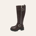 So and Ro - shoes and more - Tirza brown faux leather high biker boots with metal buckles and chunky lug sole