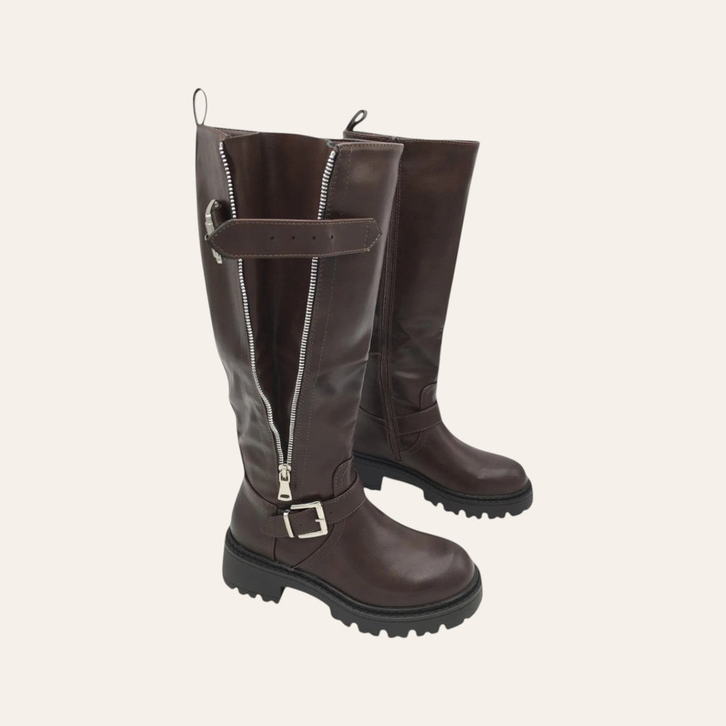 So and Ro - shoes and more - Tirza brown faux leather high biker boots with metal buckles and side zip detail