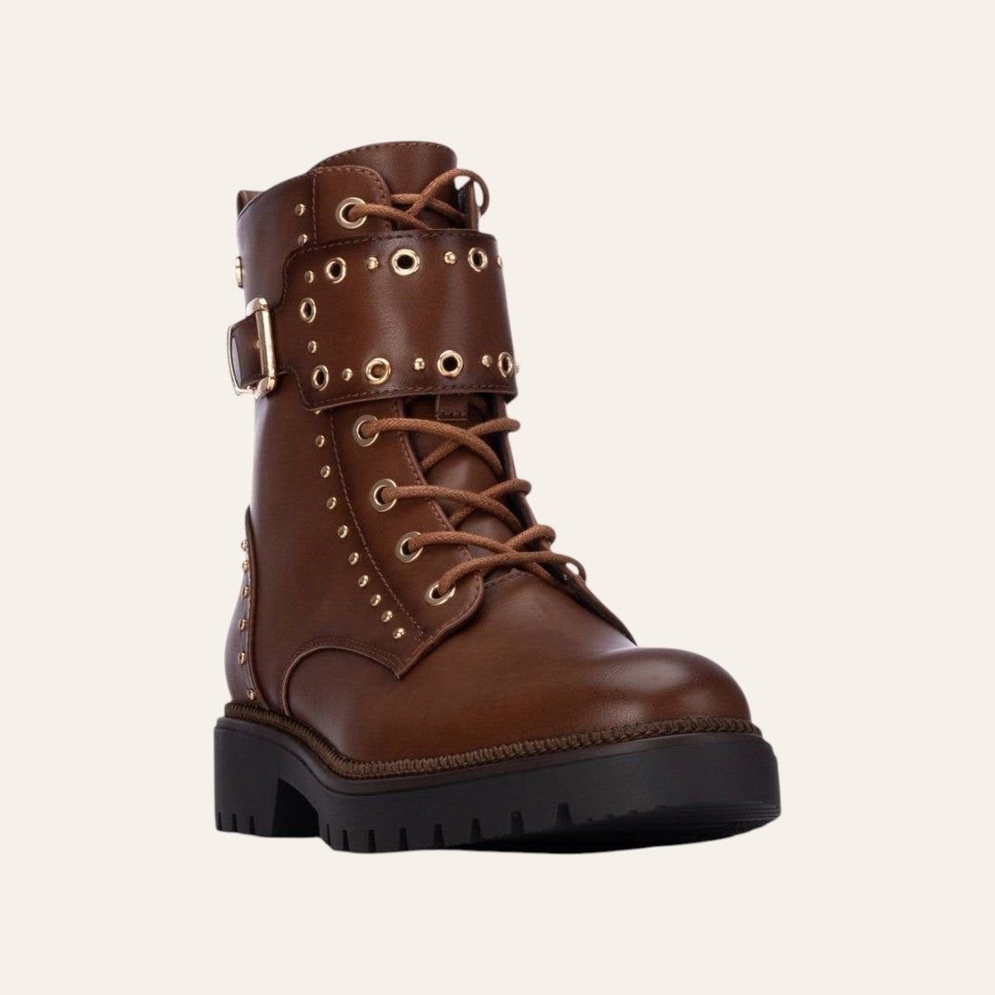So and Ro - shoes and more - Barcabiker brown faux leather biker boots with gold studs, buckle strap, and lug sole.