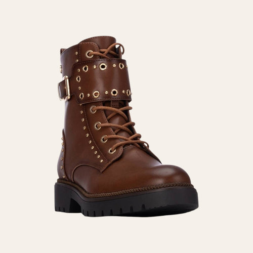 So and Ro - shoes and more - Barcabiker brown faux leather biker boots with gold studs, buckle strap, and lug sole.
