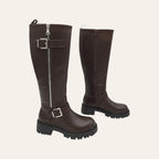 So and Ro - shoes and more - Tirza brown faux leather high biker boots with metal buckles and chunky lug soles