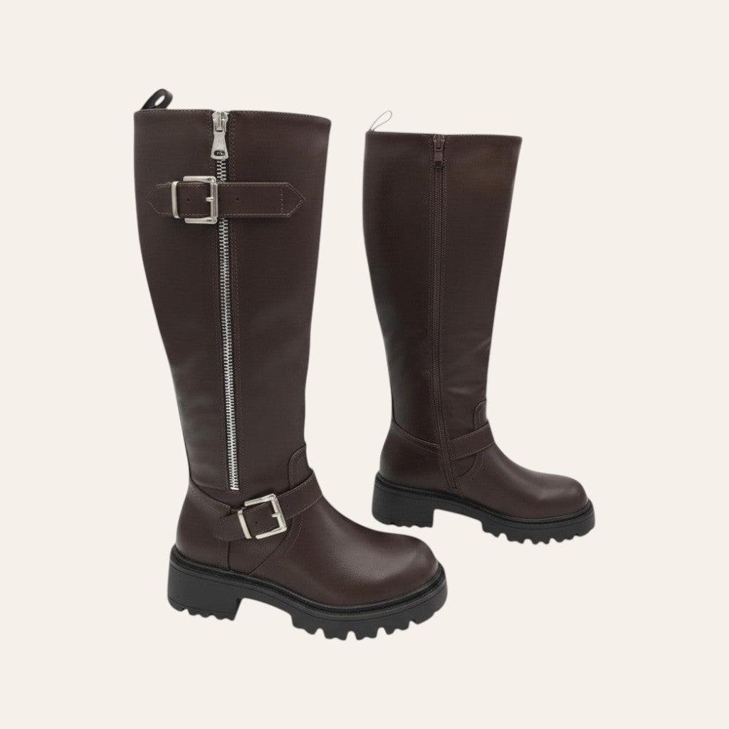 So and Ro - shoes and more - Tirza brown faux leather high biker boots with metal buckles and chunky lug soles