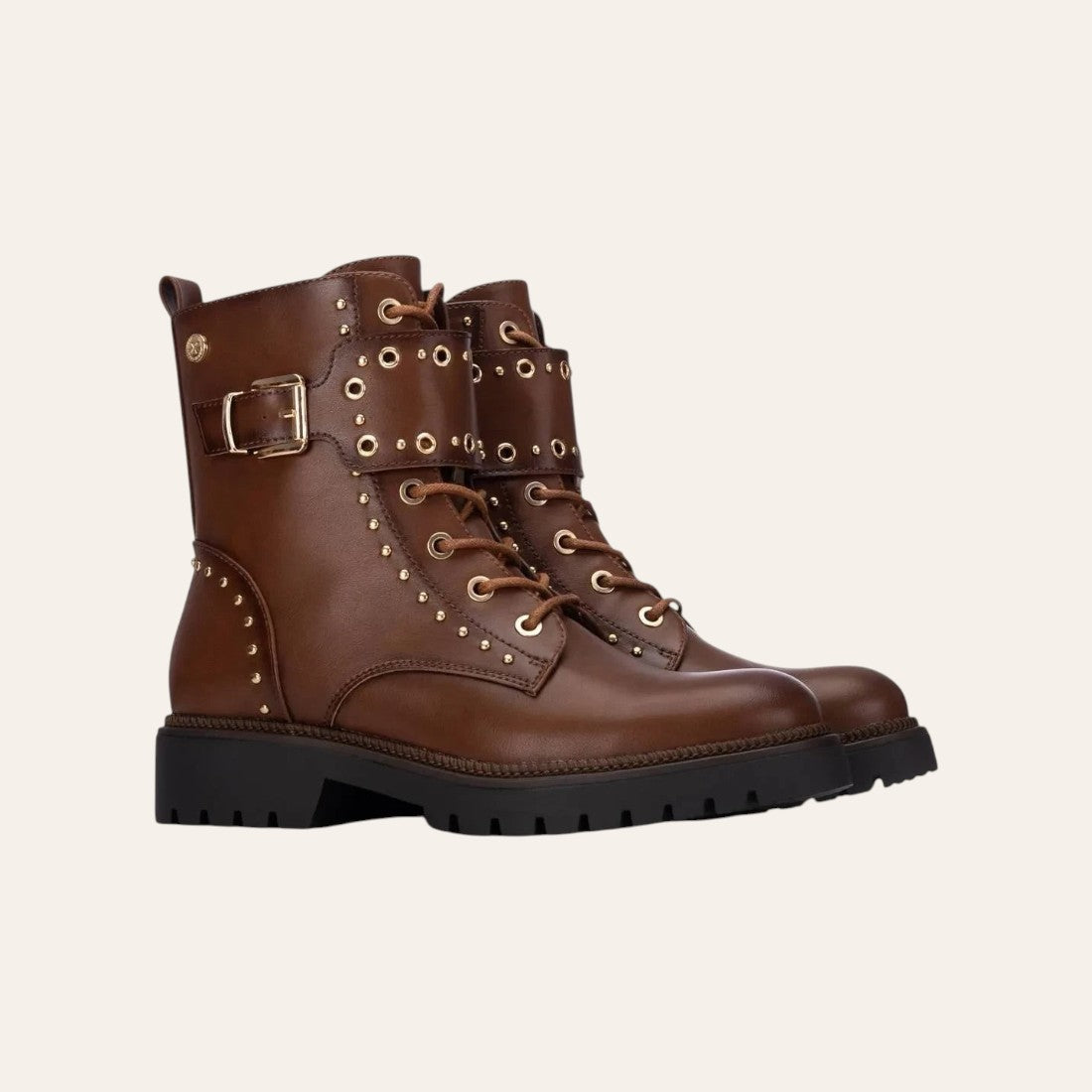 So and Ro - shoes and more - Barcabiker brown faux leather biker boots with gold studs, buckle strap, and lug sole.