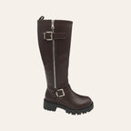 So and Ro - shoes and more - Tirza brown faux leather high biker boot with metal buckles, side zipper, and lug sole