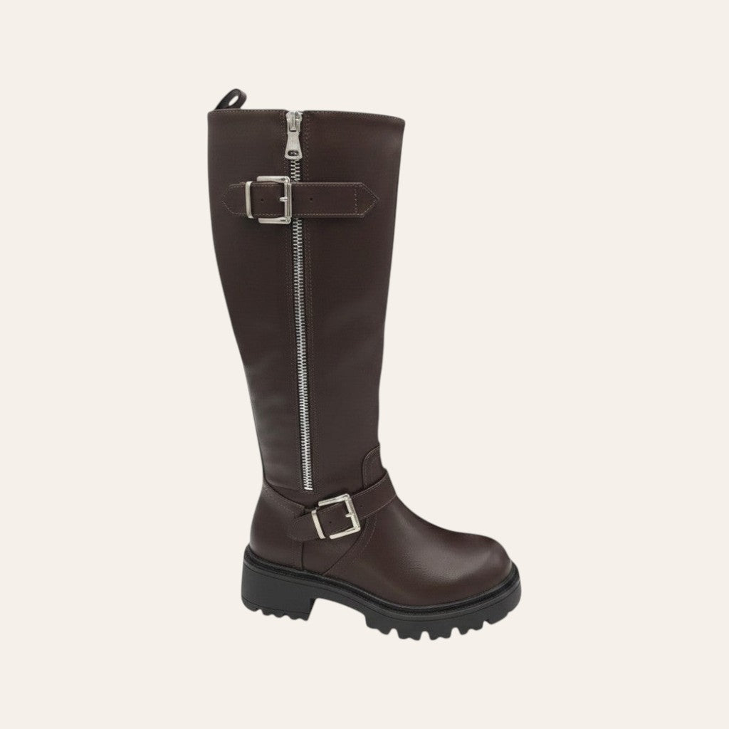 So and Ro - shoes and more - Tirza brown faux leather high biker boot with metal buckles, side zipper, and lug sole