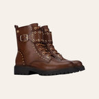 So and Ro - shoes and more - Barcabiker brown faux leather biker boots with gold studs, buckle straps, and lug sole.