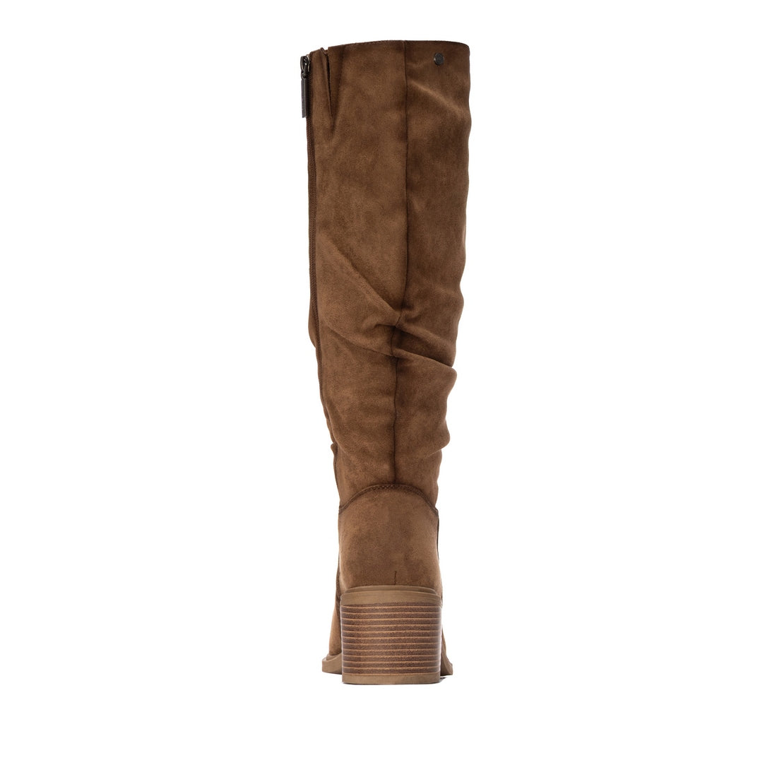So and Ro - shoes and more - Amber brown microsuede knee-high boots with a stacked block heel, back view.