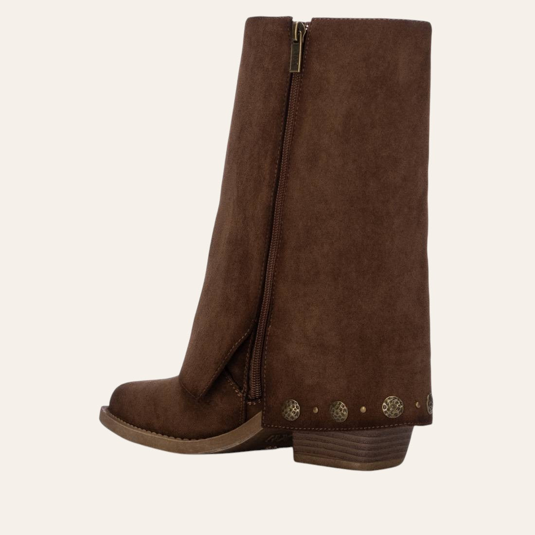 So and Ro - shoes and more - brown microsuede fold-over boot with decorative gold buttons and a block heel