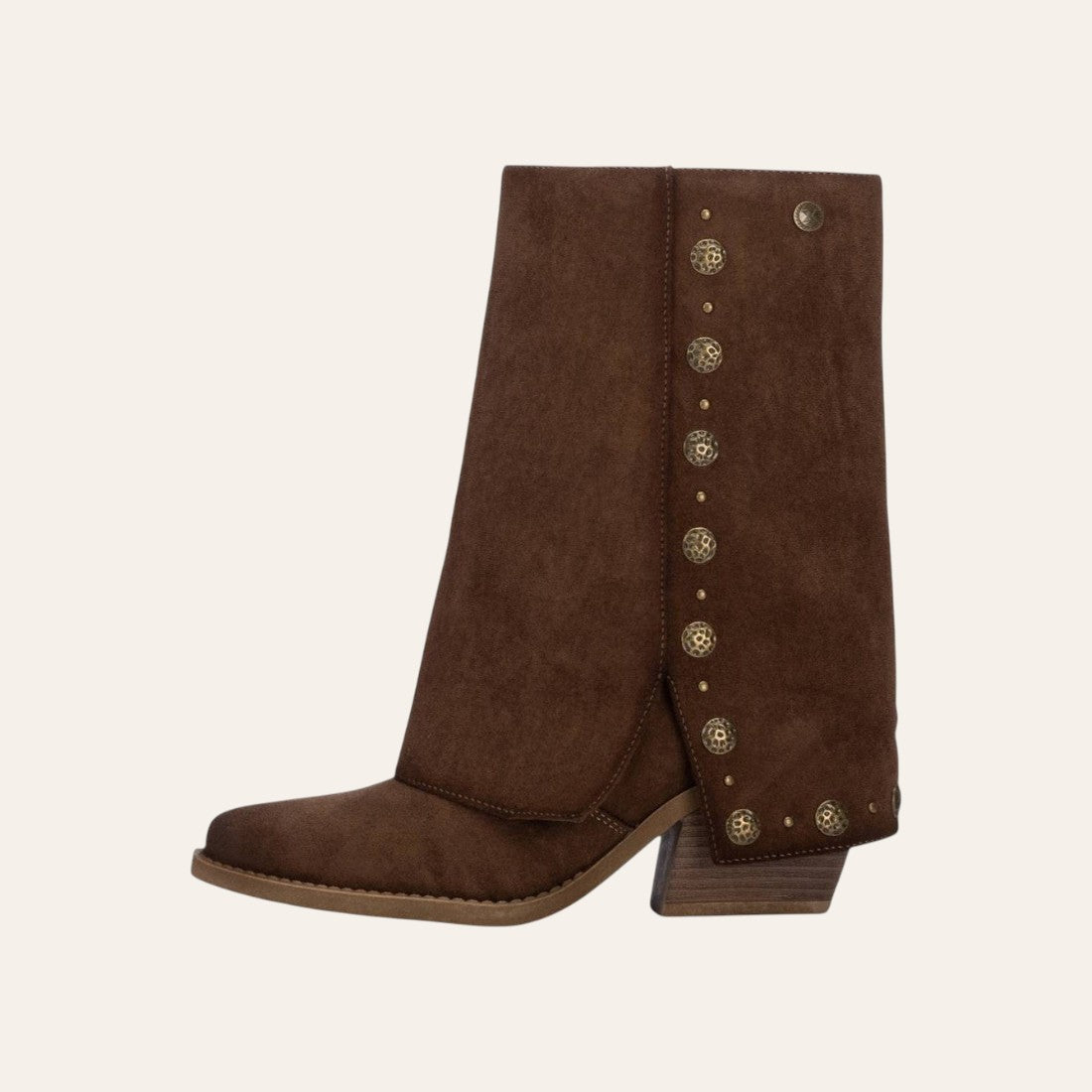 So and Ro - shoes and more - Geraldina brown microsuede fold-over boots with decorative gold buttons and block heel