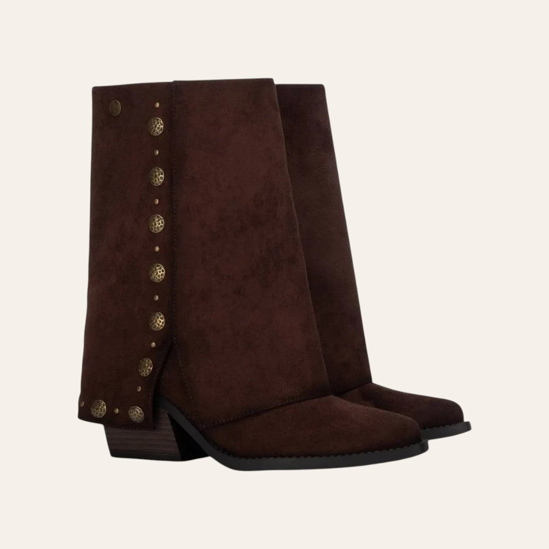 So and Ro - shoes and more - dark brown microsuede fold-over boots with decorative gold buttons and a block heel
