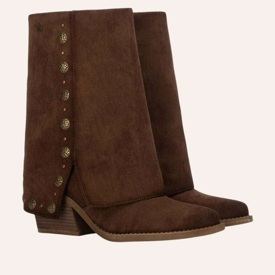 So and Ro - shoes and more - brown microsuede fold-over boots with decorative gold buttons and a stable block heel.