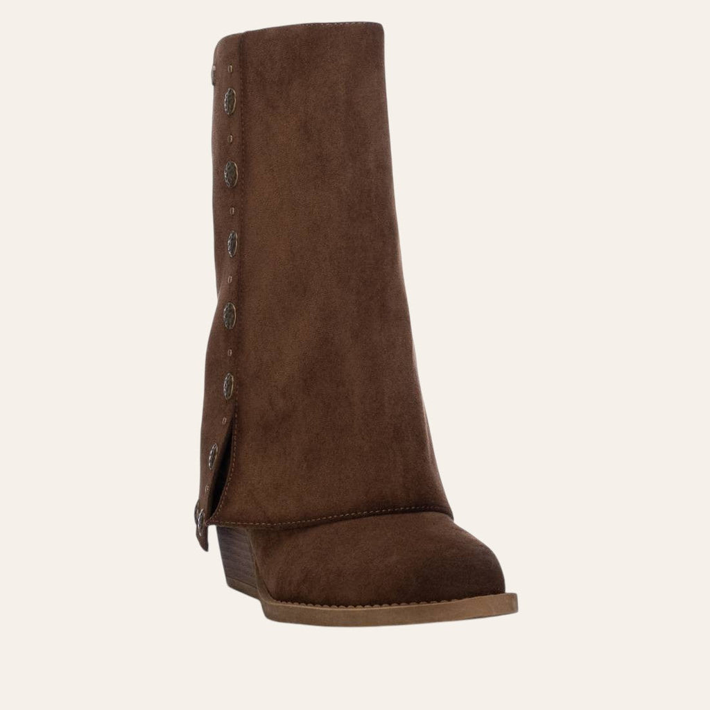 So and Ro - shoes and more - Geraldina brown microsuede fold-over boots with decorative gold buttons and block heel
