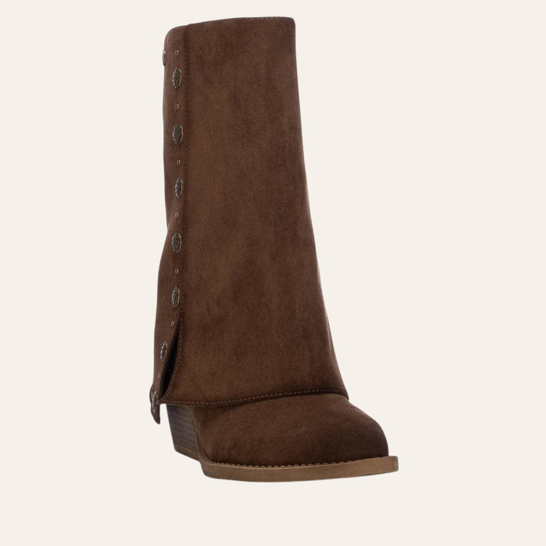 So and Ro - shoes and more - Geraldina brown microsuede fold-over boots with decorative gold buttons and block heel