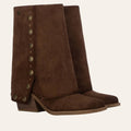 So and Ro - shoes and more - brown microsuede fold-over boots with decorative gold buttons and a stable block heel.