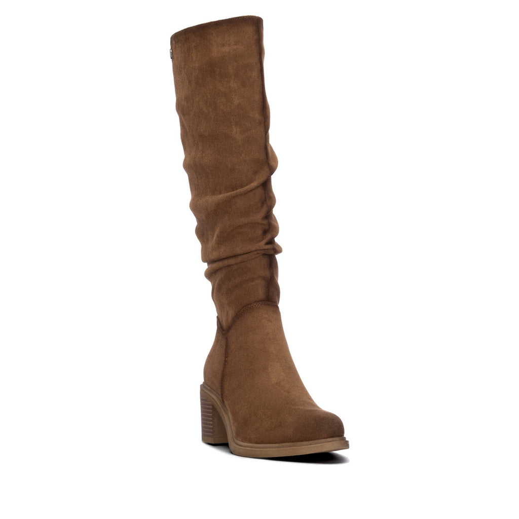 So and Ro - shoes and more - Amber brown microsuede knee-high boots with a ruched shaft and block heel.