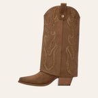 So and Ro - shoes and more - Tifa brown microsuede western-style fold-over boot with decorative stud flame patterns