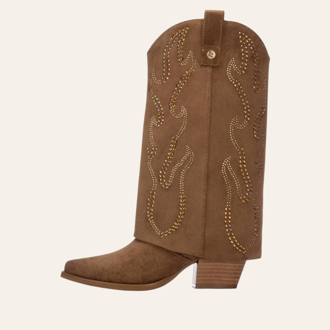 So and Ro - shoes and more - Tifa brown microsuede western-style fold-over boot with decorative stud flame patterns