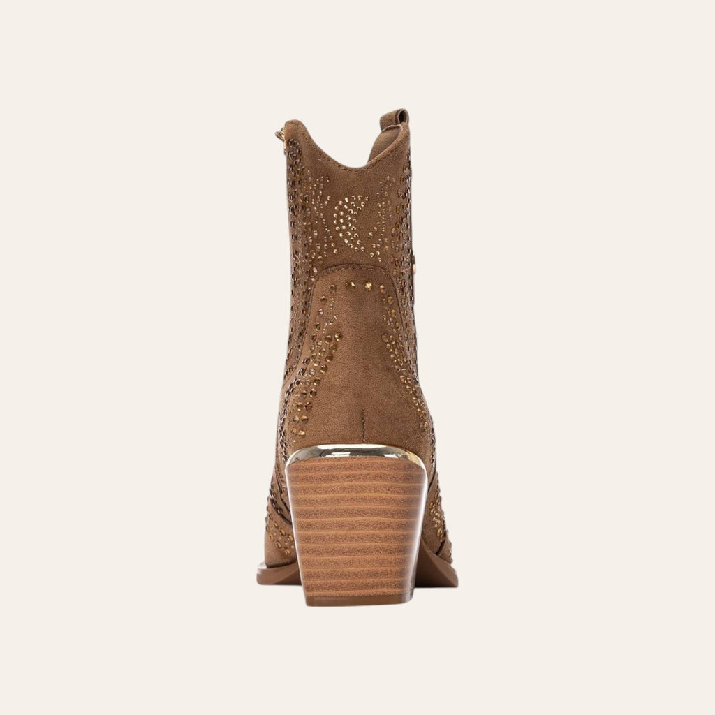So and Ro - shoes and more - Sarah brown microsuede western ankle boots with decorative studs and a stacked heel