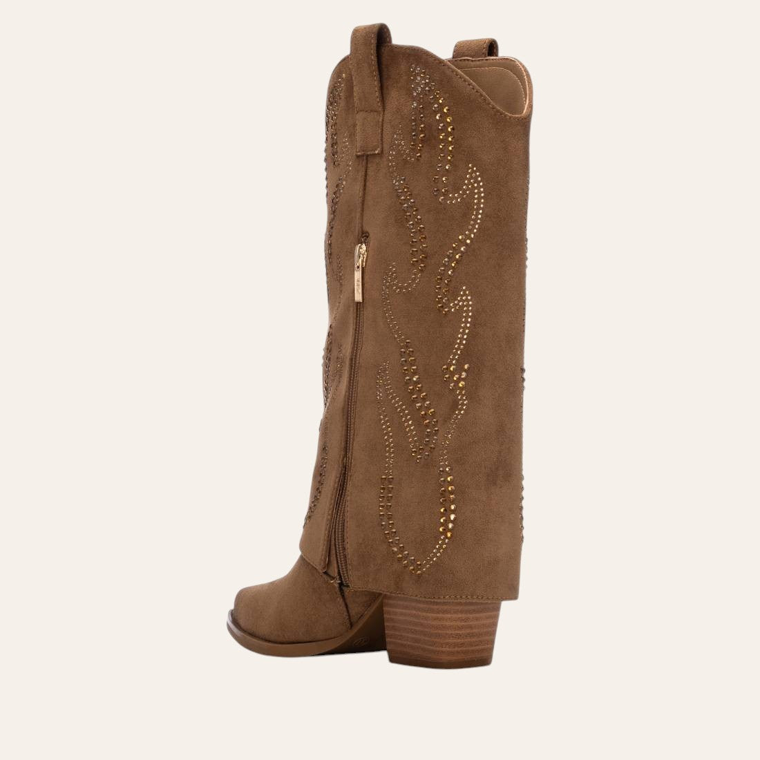 So and Ro - shoes and more - Tifa brown microsuede western-style boots with fold-over cuff and decorative gold studs