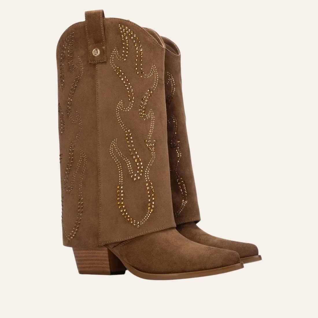 So and Ro - shoes and more - brown microsuede Tifa western boots with fold-over cuff, stud detailing, and block heel.