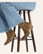 So and Ro - shoes and more - brown microsuede western ankle boots with gold studs worn with light wash denim jeans
