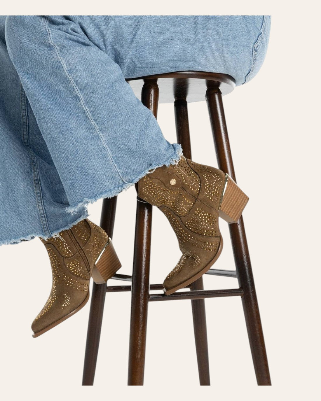 So and Ro - shoes and more - brown microsuede western ankle boots with gold studs worn with light wash denim jeans