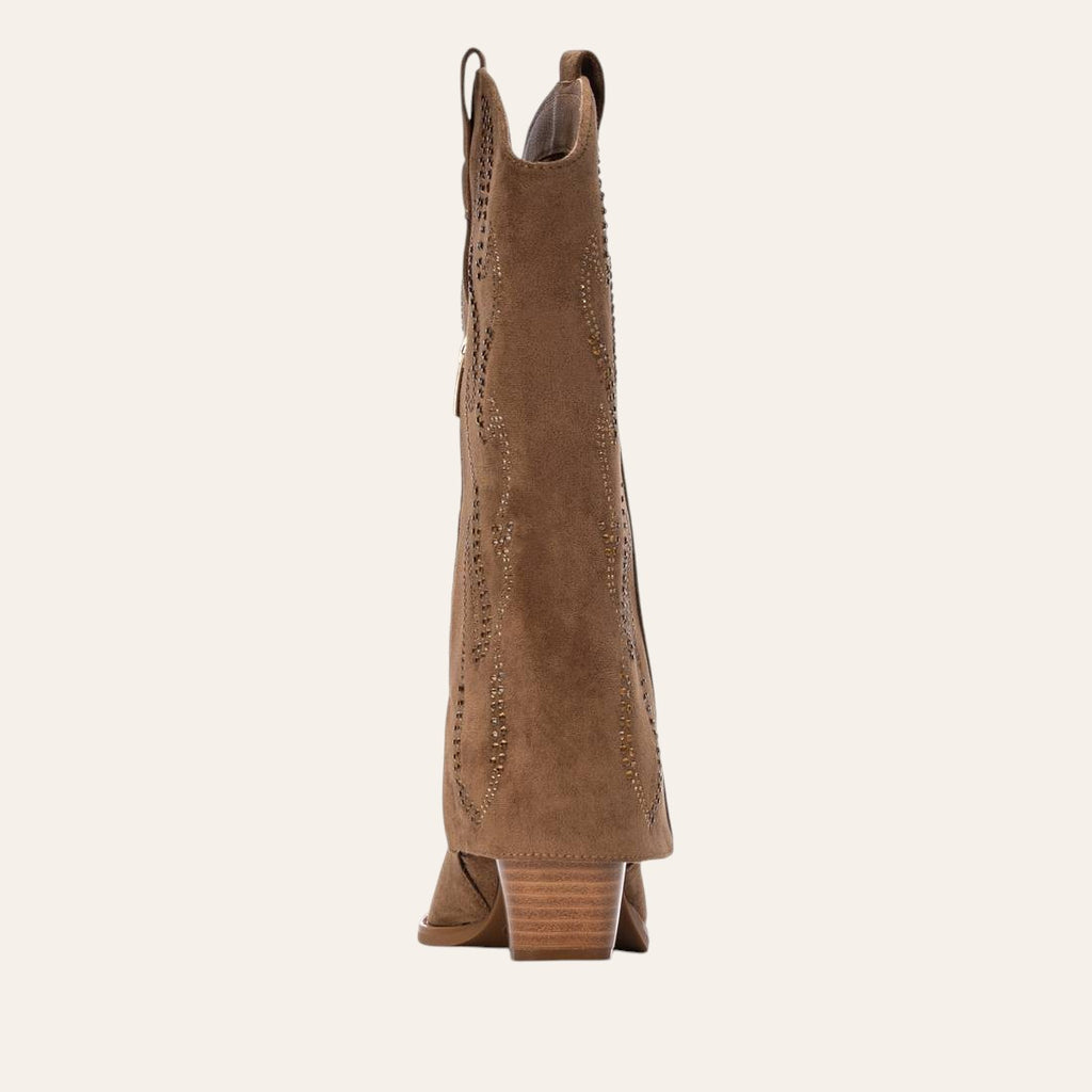 So and Ro - shoes and more - XTI Tifa brown microsuede western-style boots with decorative studs and block heel