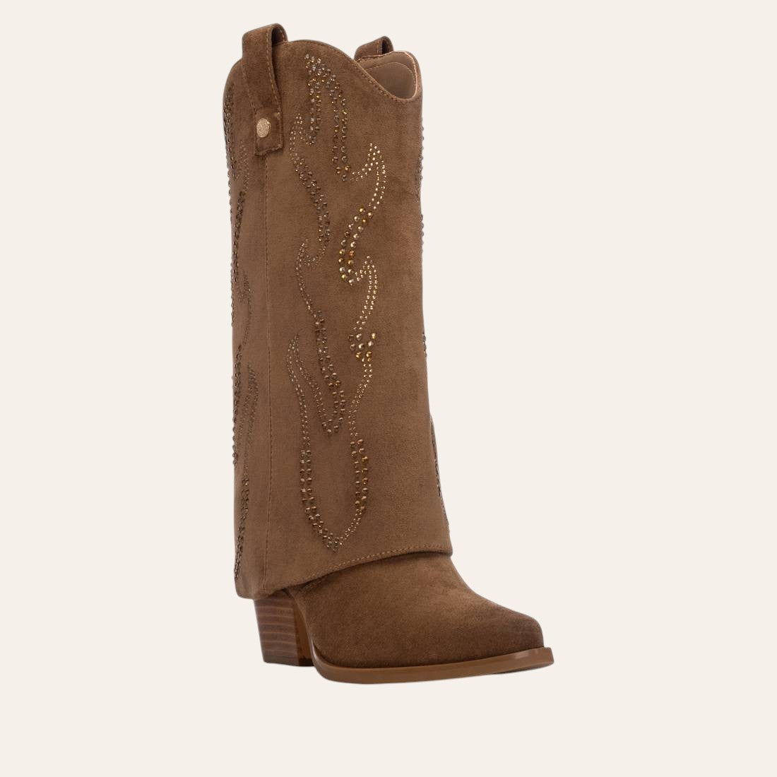 So and Ro - shoes and more - Tifa brown microsuede western boots with fold-over cuff, pointed toe, and decorative studs