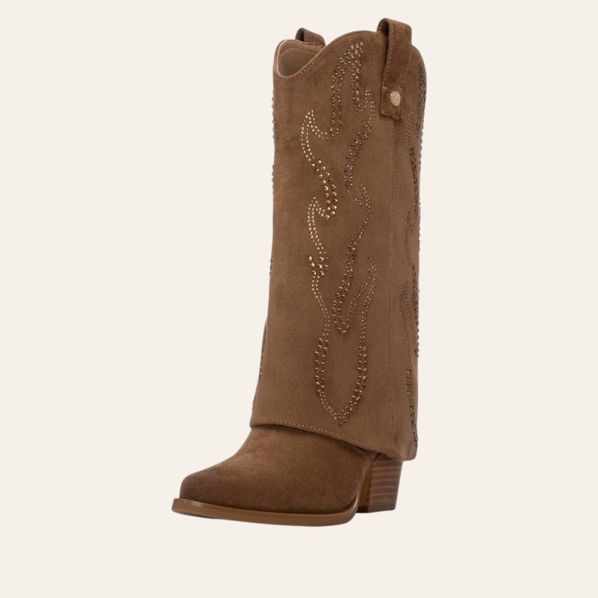 So and Ro - shoes and more - Tifa brown microsuede western-style fold-over boots with decorative studs and block heel