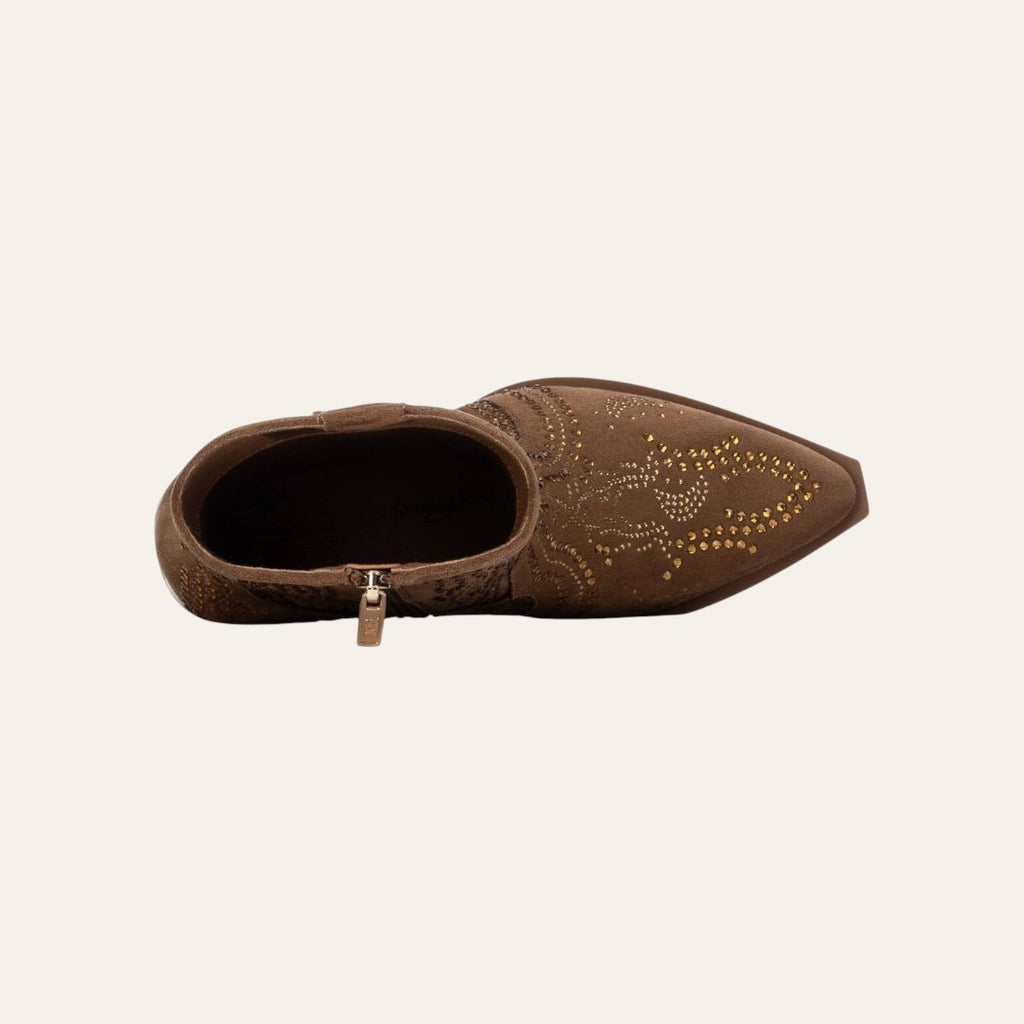So and Ro - shoes and more - Sarah brown microsuede western ankle boots with decorative gold studs, top view