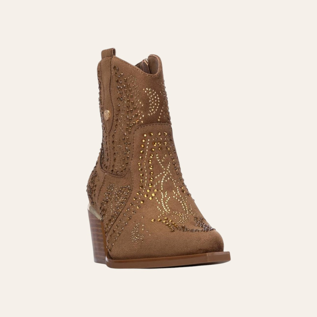 So and Ro - shoes and more - Sarah brown microsuede western ankle boots with decorative gold studs and block heel