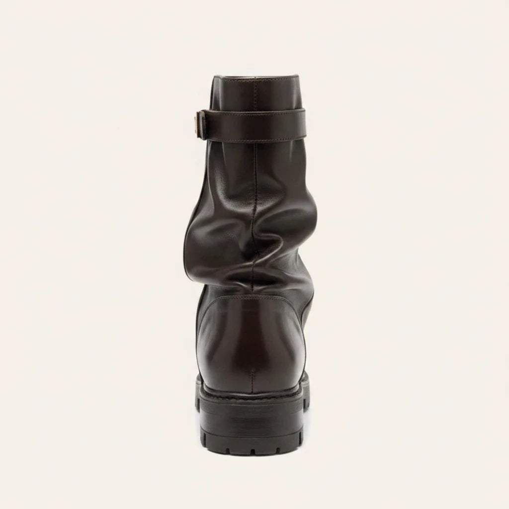 So and Ro - shoes and more - Soofje brown vegan leather ankle boot with fold-over cuff and gold buckle, back view