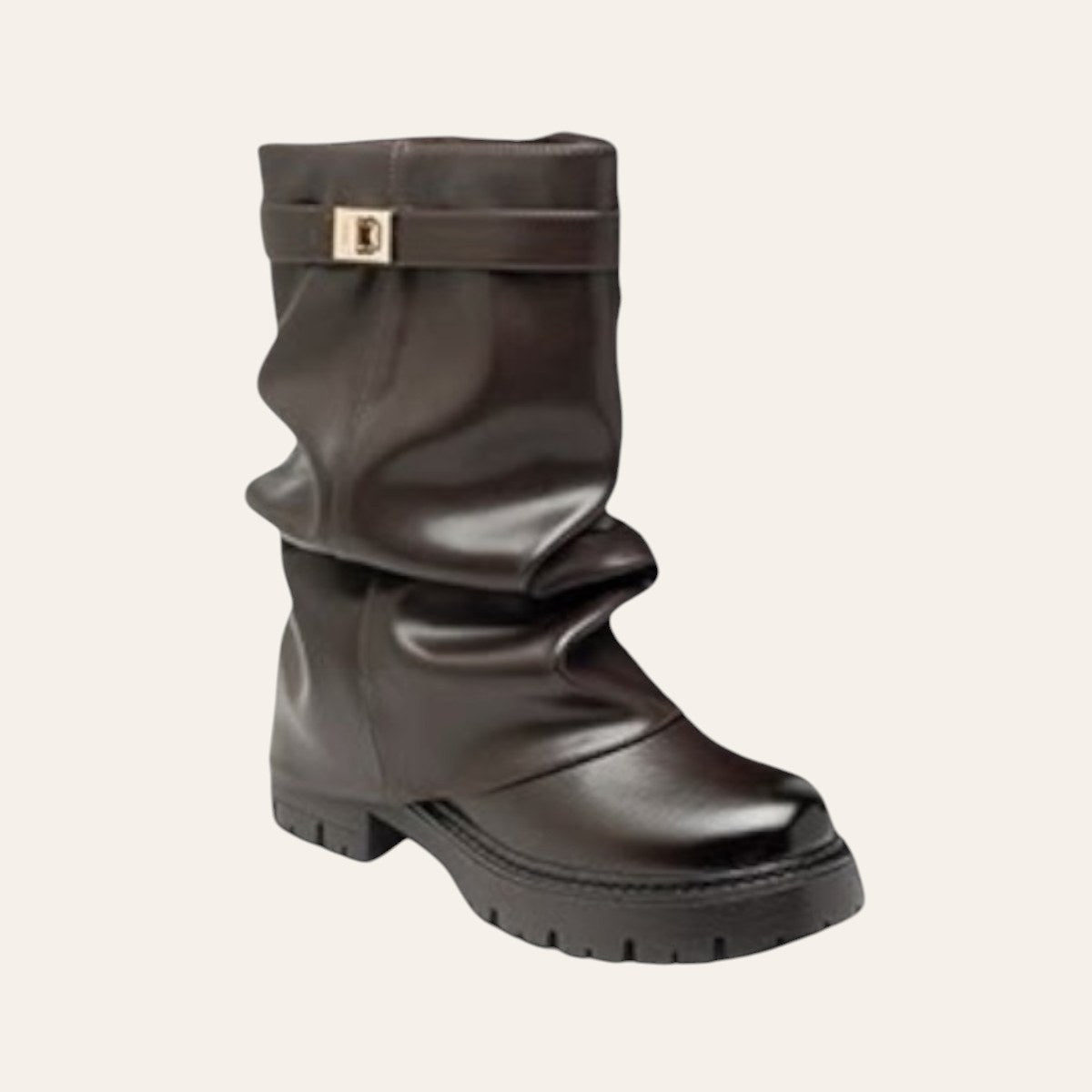 So and Ro - shoes and more - brown vegan leather Soofje ankle boot with gold buckle and chunky lug sole