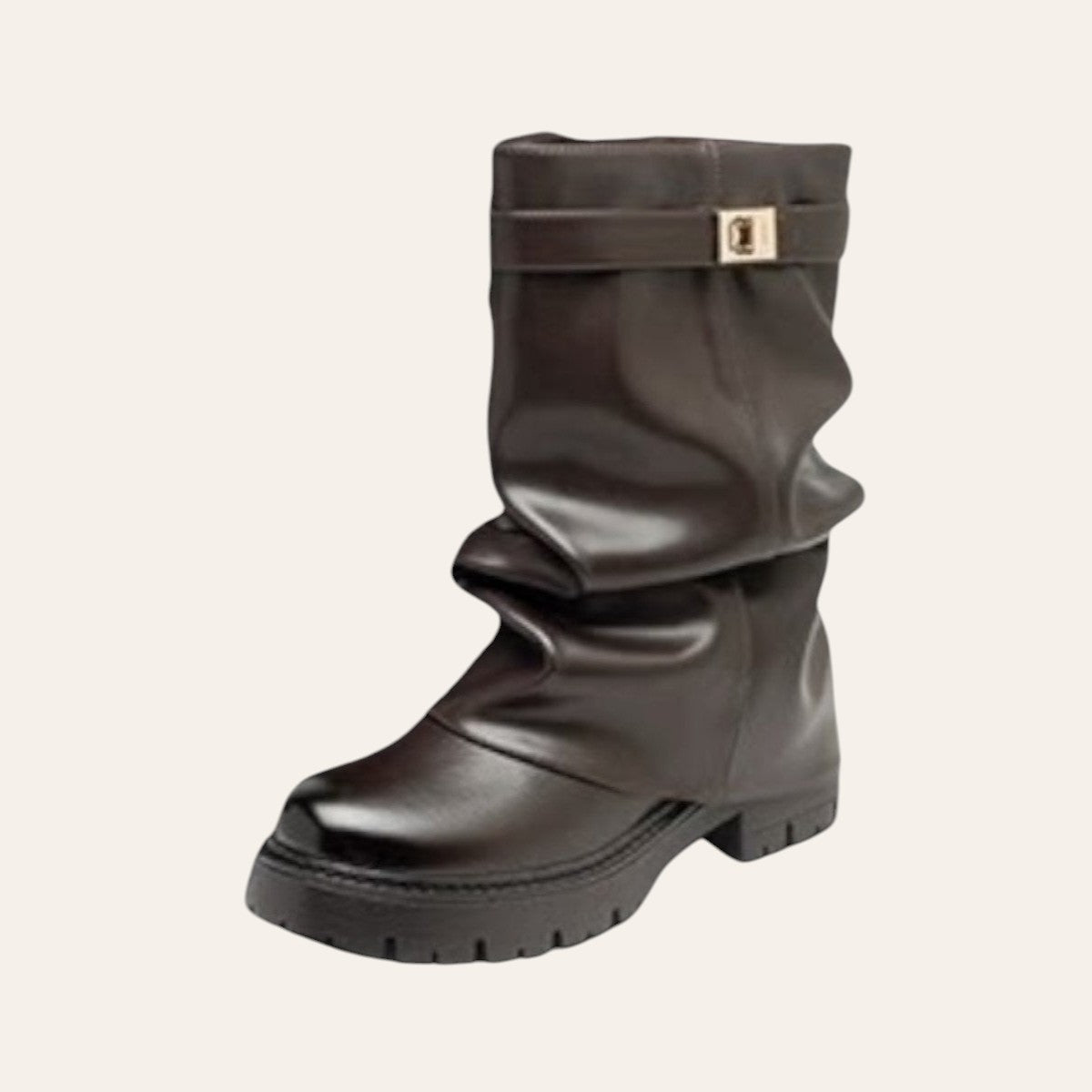 So and Ro - shoes and more - Soofje brown vegan leather ankle boot with a gold buckle and chunky lug sole.