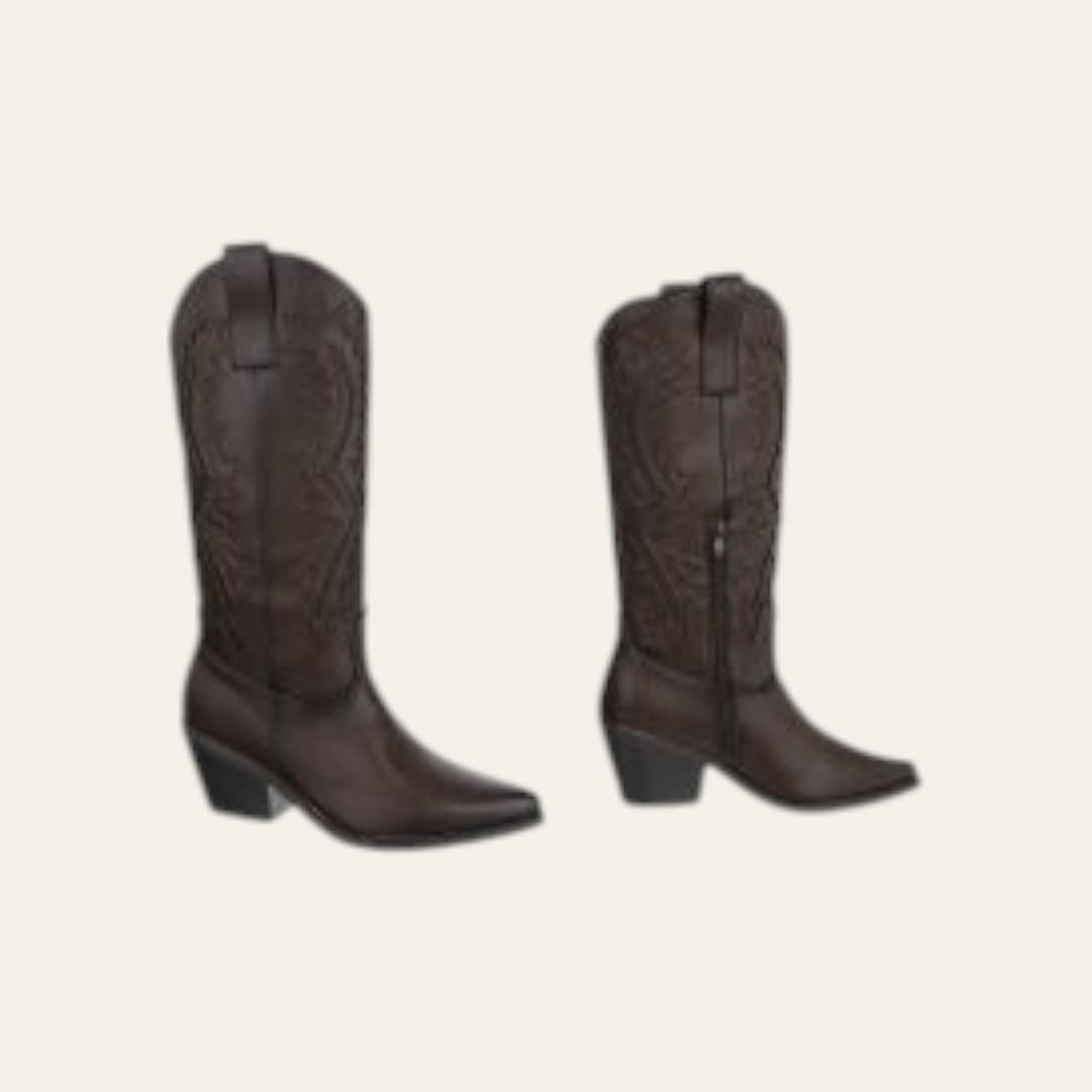 So and Ro - shoes and more - Christine bruine kniehoge cowboylaarzen met borduursels en blokhak in lederlook.