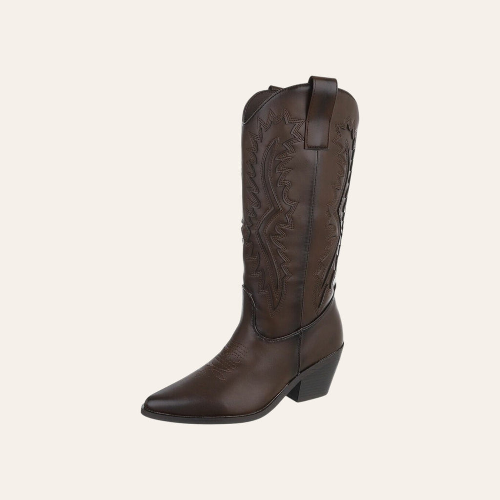 So and Ro - shoes and more - Christine bruine kniehoge cowboylaarzen van lederlook met western borduursels en blokhak