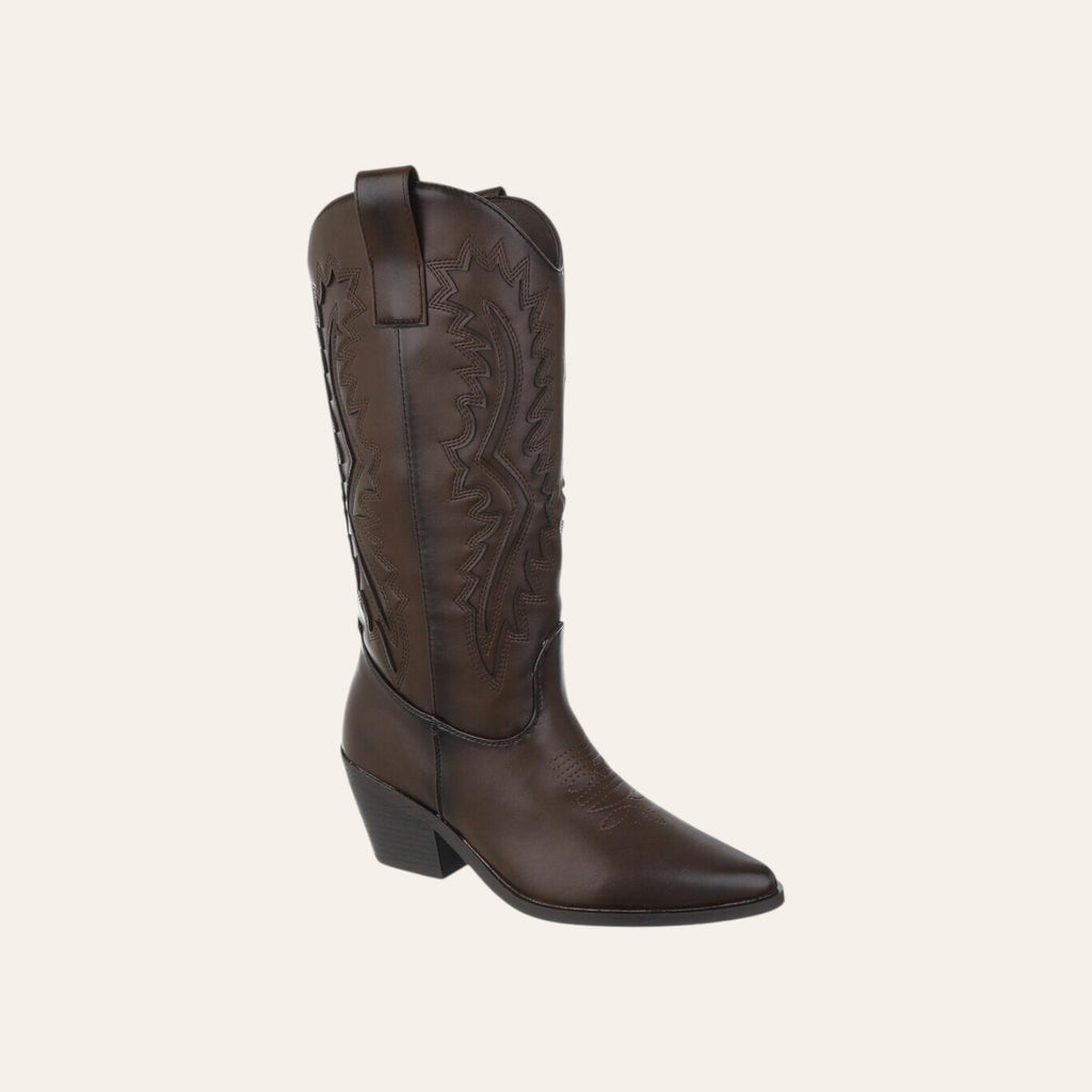 So and Ro - shoes and more - Christine bruine cowboylaarzen met borduursels en blokhak in lederlook