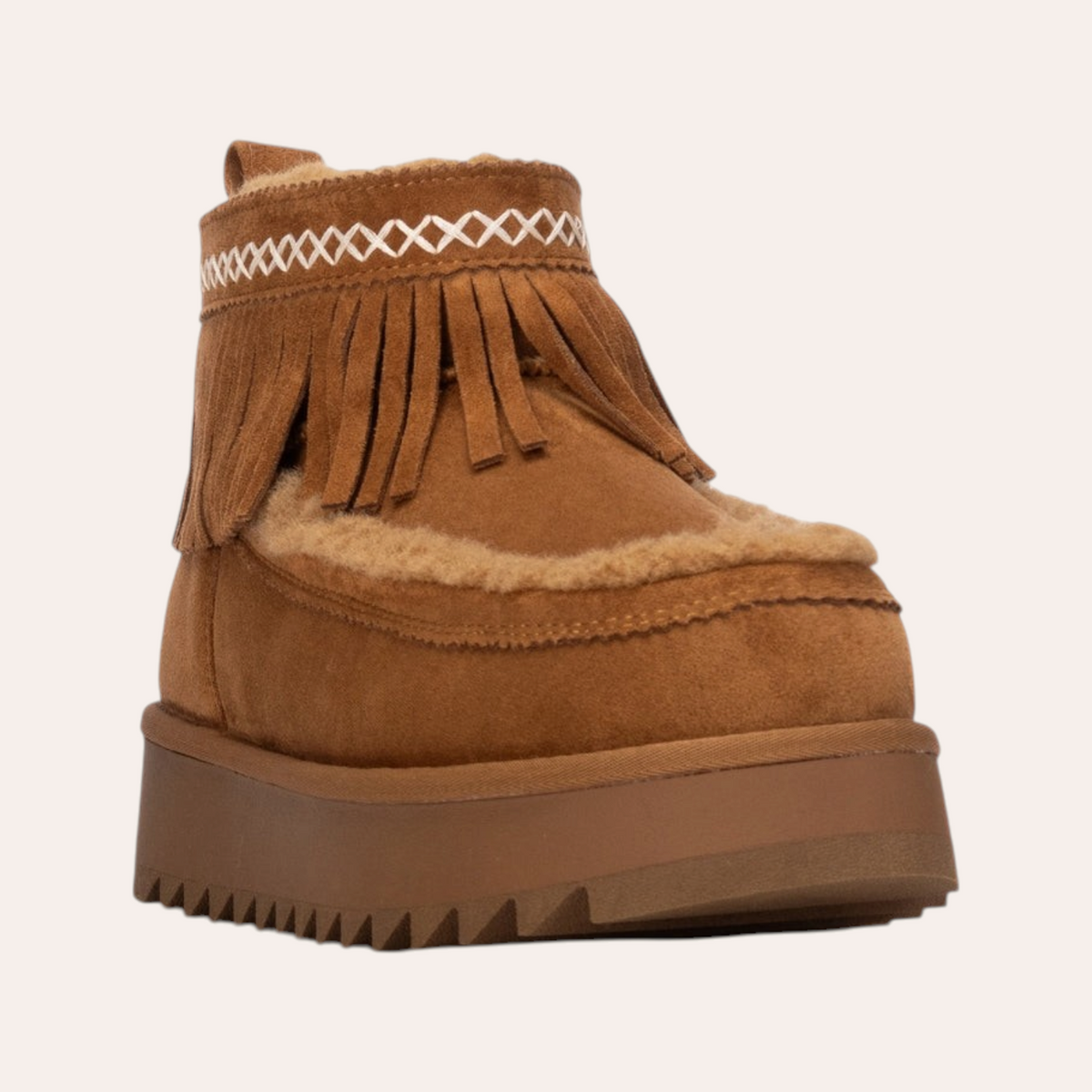 So and Ro - shoes and more - bruine Refresh enkellaarsjes met franjes, pluizige voering en dikke profielzool