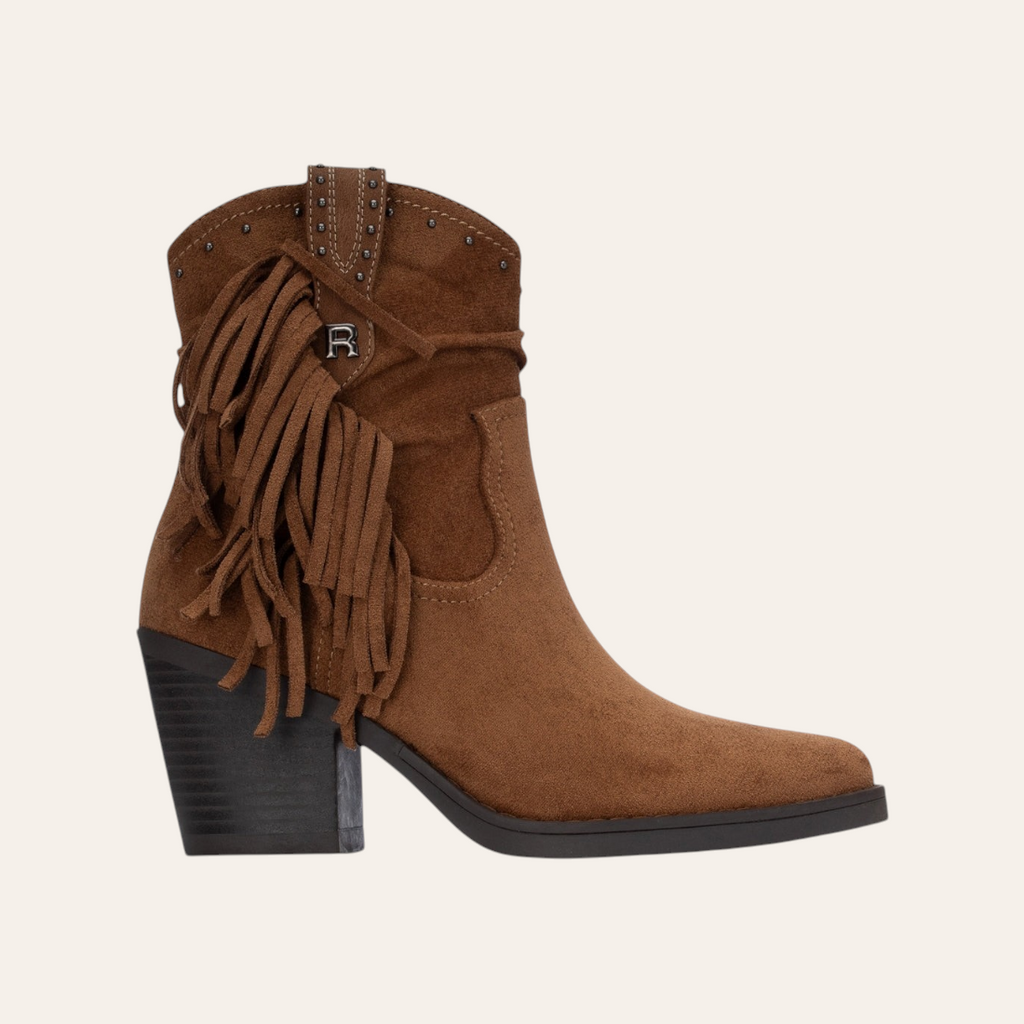 So and Ro - shoes and more - Francis bruine enkellaars van microsuede met franjes, studs en een stevige blokhak.
