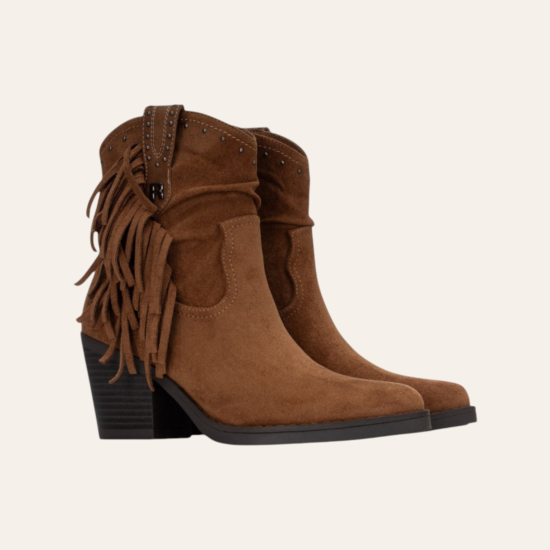 So and Ro - shoes and more bruine enkellaarsjes van microsuede met franjes, studs en een comfortabele blokhak