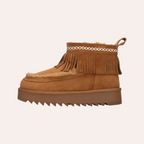 So and Ro - shoes and more - bruine Refresh enkellaarsjes met franjes, pluizige voering en dikke profielzool